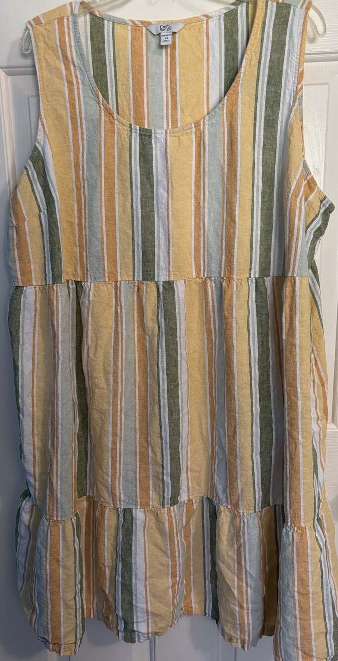 Croft Barrow Dress Womens 4X Yellow Green Stripe Linen Blend Tiered Halter Midi